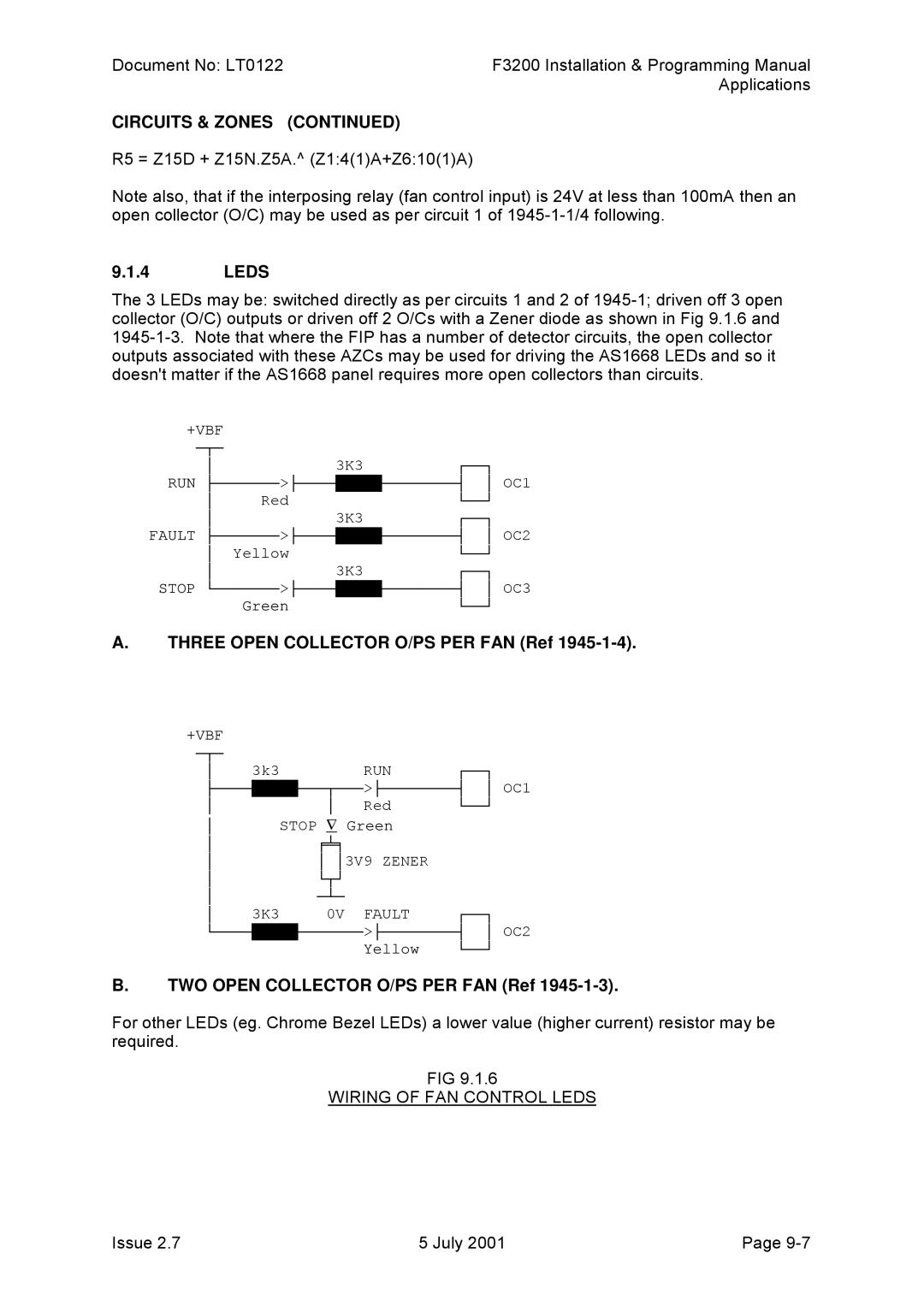 Tyco F3200 Three Open Collector O/PS PER FAN Ref, TWO Open Collector O/PS PER FAN Ref, Wiring of FAN Control Leds 