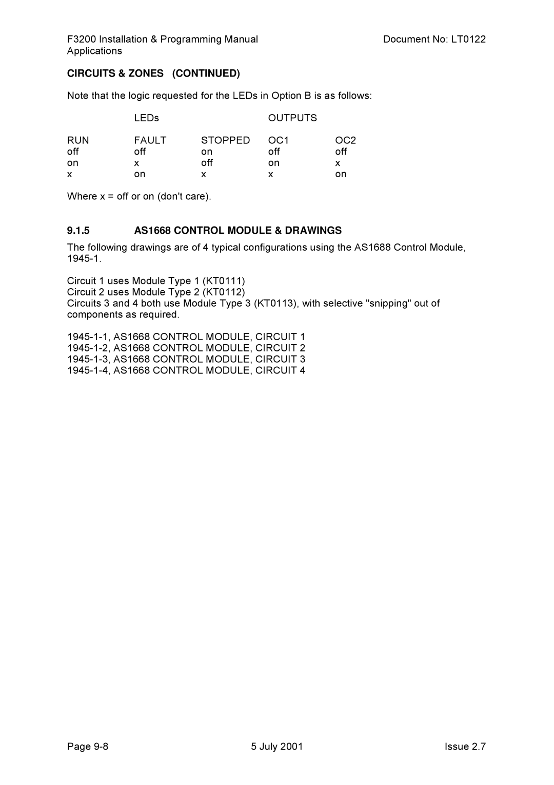 Tyco F3200 manual Outputs RUN Fault Stopped OC1, 5 AS1668 Control Module & Drawings 