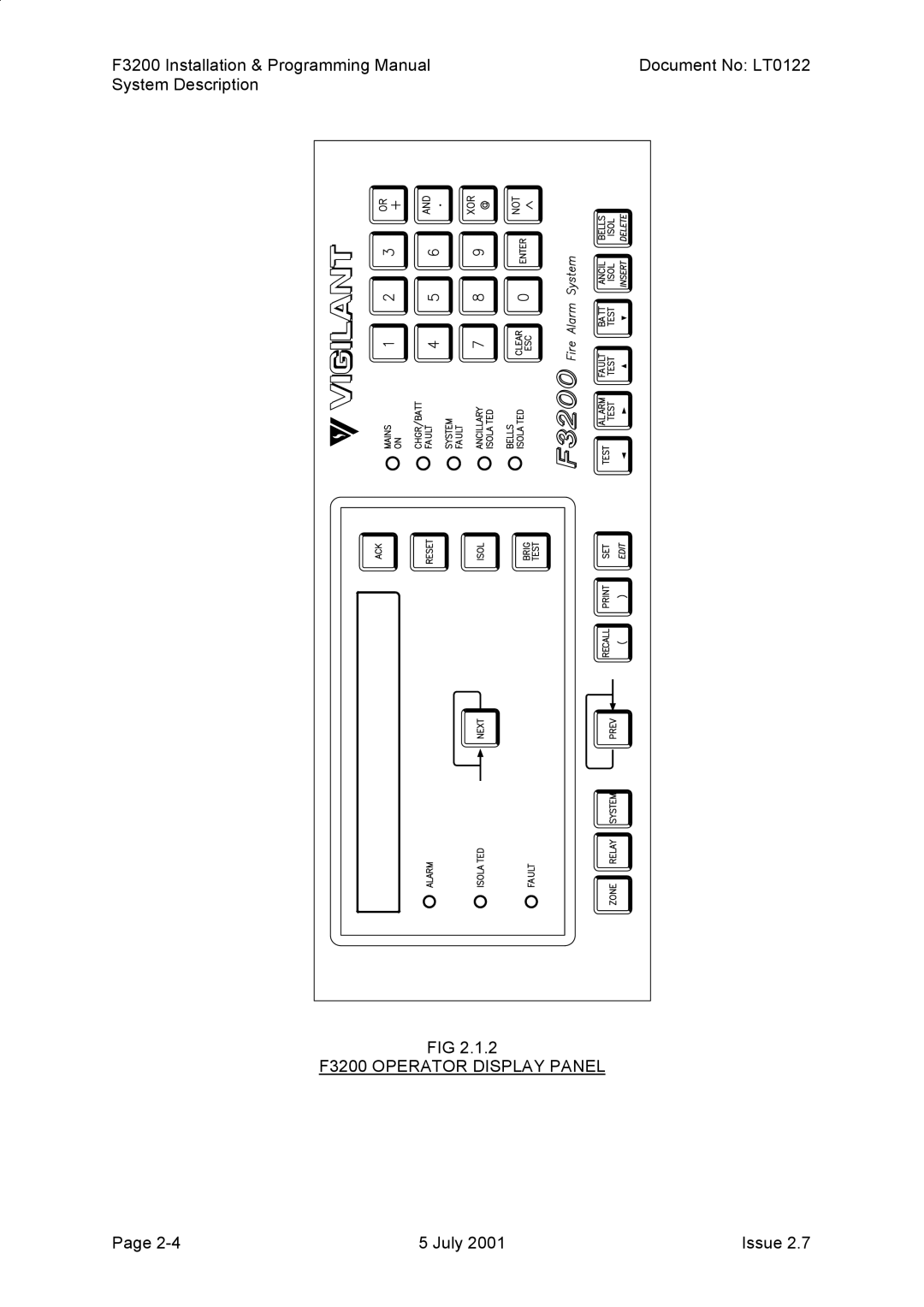 Tyco manual F3200 Operator Display Panel 