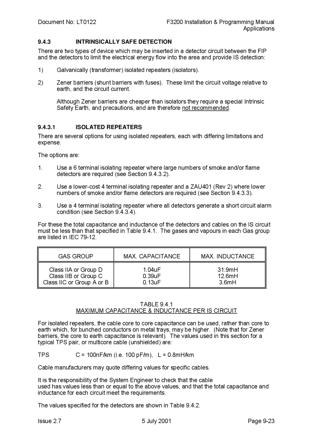 Tyco F3200 manual Intrinsically Safe Detection, Isolated Repeaters, GAS Group MAX. Capacitance MAX. Inductance, Tps 