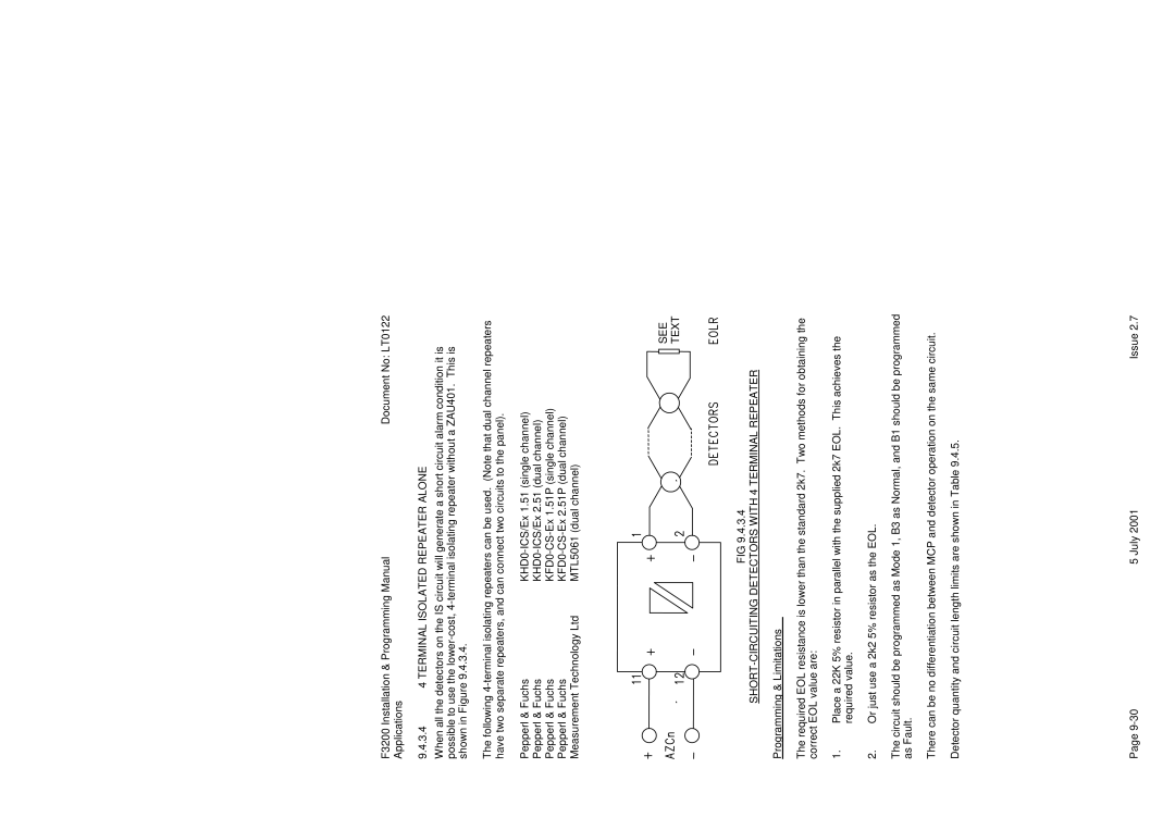 Tyco F3200 manual 3.4 4 Terminal Isolated Repeater Alone, See Text SHORT-CIRCUITING Detectors with 4 Terminal Repeater 