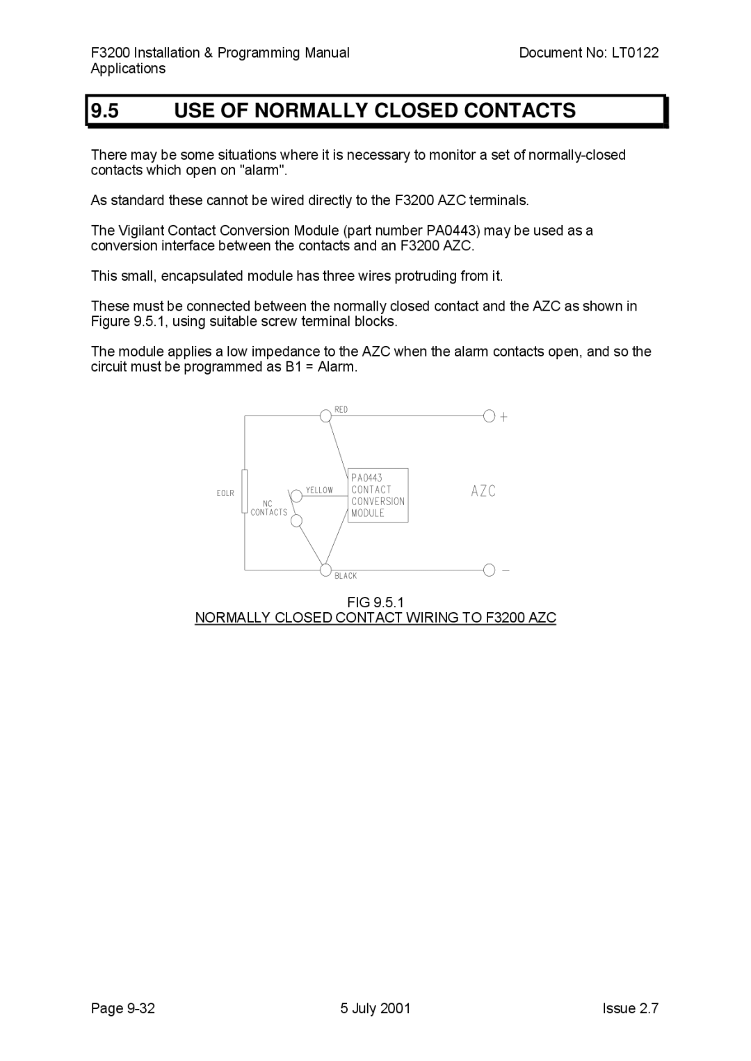 Tyco manual USE of Normally Closed Contacts, Normally Closed Contact Wiring to F3200 AZC 