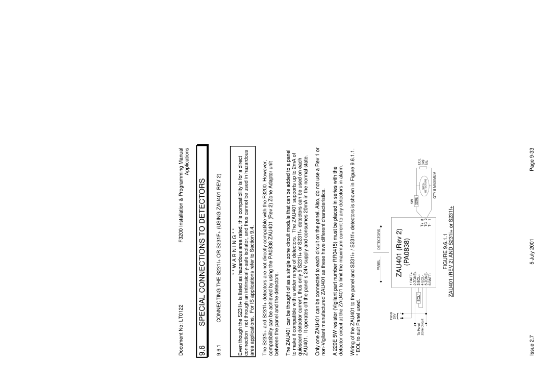 Tyco F3200 manual Special Connections to Detectors, Connecting the S231I+ or S231F+ Using ZAU401 REV, R N I N G 