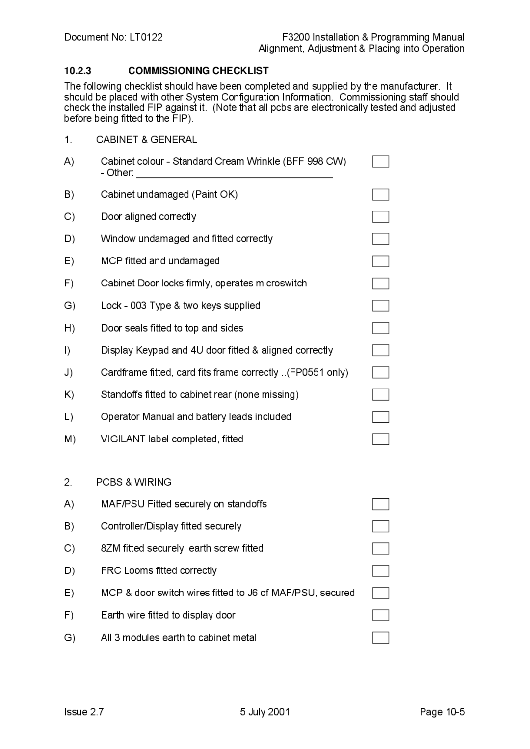 Tyco F3200 manual Commissioning Checklist, Cabinet & General, Pcbs & Wiring 