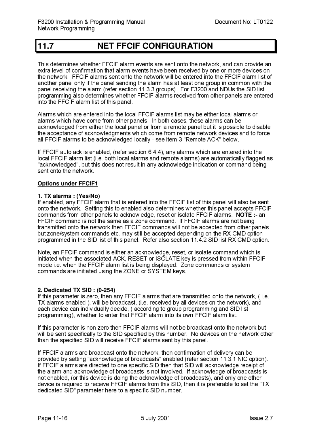 Tyco F3200 manual NET Ffcif Configuration, Options under FFCIF1 TX alarms Yes/No, Dedicated TX SID 