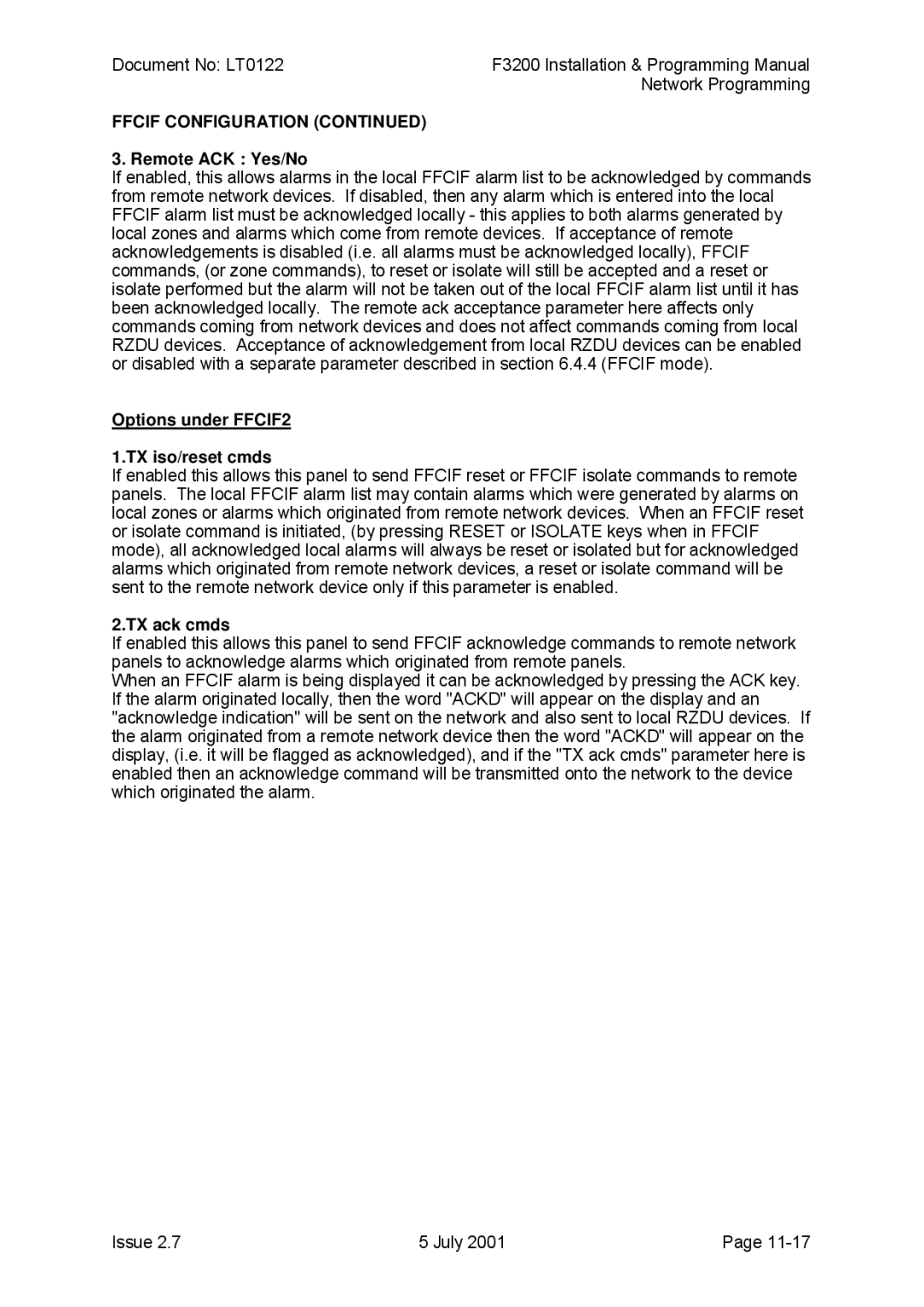 Tyco F3200 manual Ffcif Configuration, Remote ACK Yes/No, Options under FFCIF2 TX iso/reset cmds, TX ack cmds 