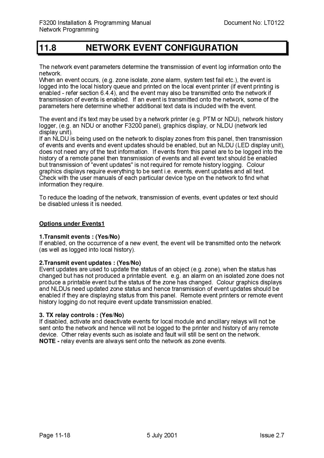 Tyco F3200 manual Network Event Configuration, Options under Events1 Transmit events Yes/No, Transmit event updates Yes/No 
