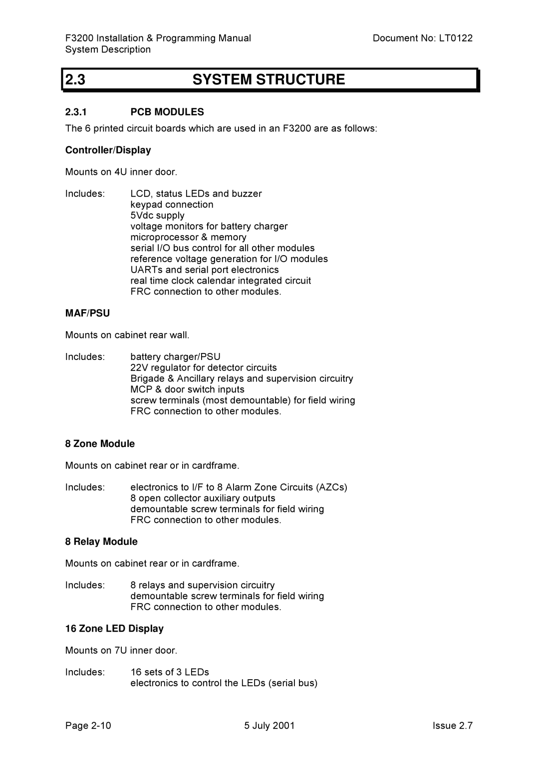 Tyco F3200 manual System Structure, PCB Modules, Maf/Psu 