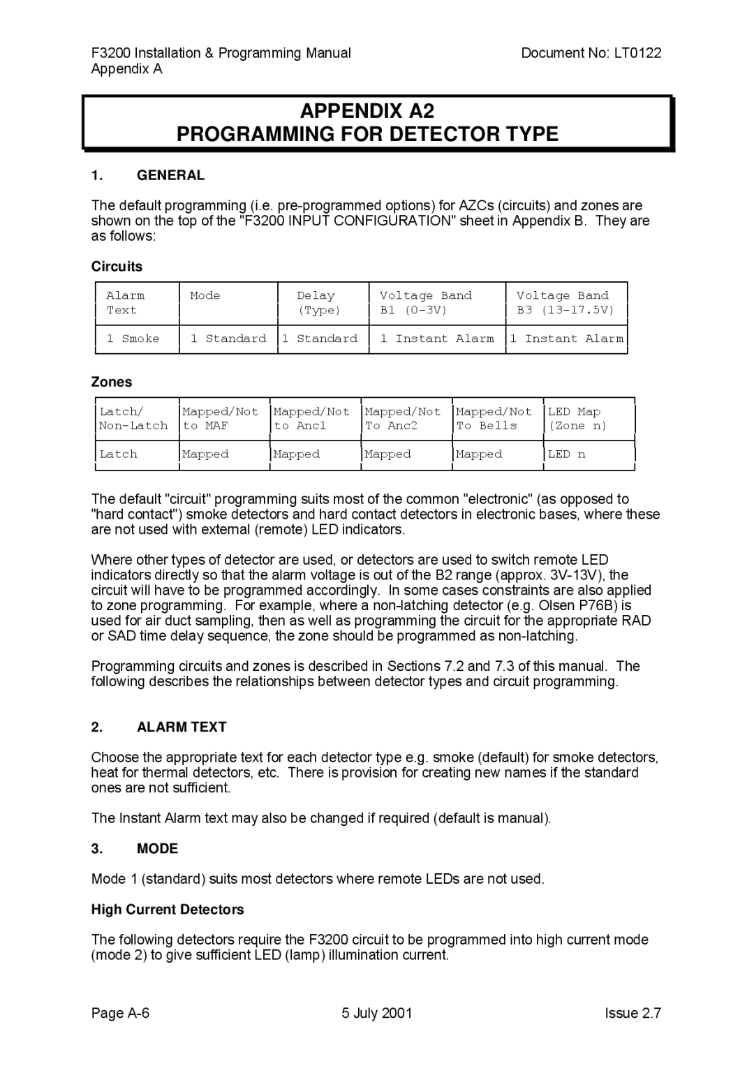 Tyco F3200 manual Appendix A2 Programming for Detector Type, High Current Detectors 