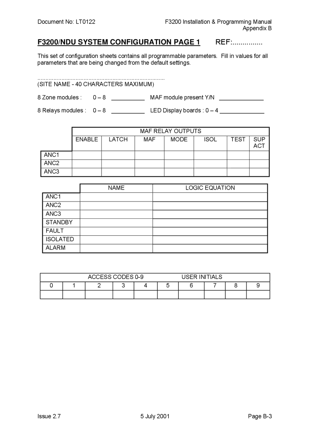 Tyco F3200 manual Site Name 40 Characters Maximum, User Initials 