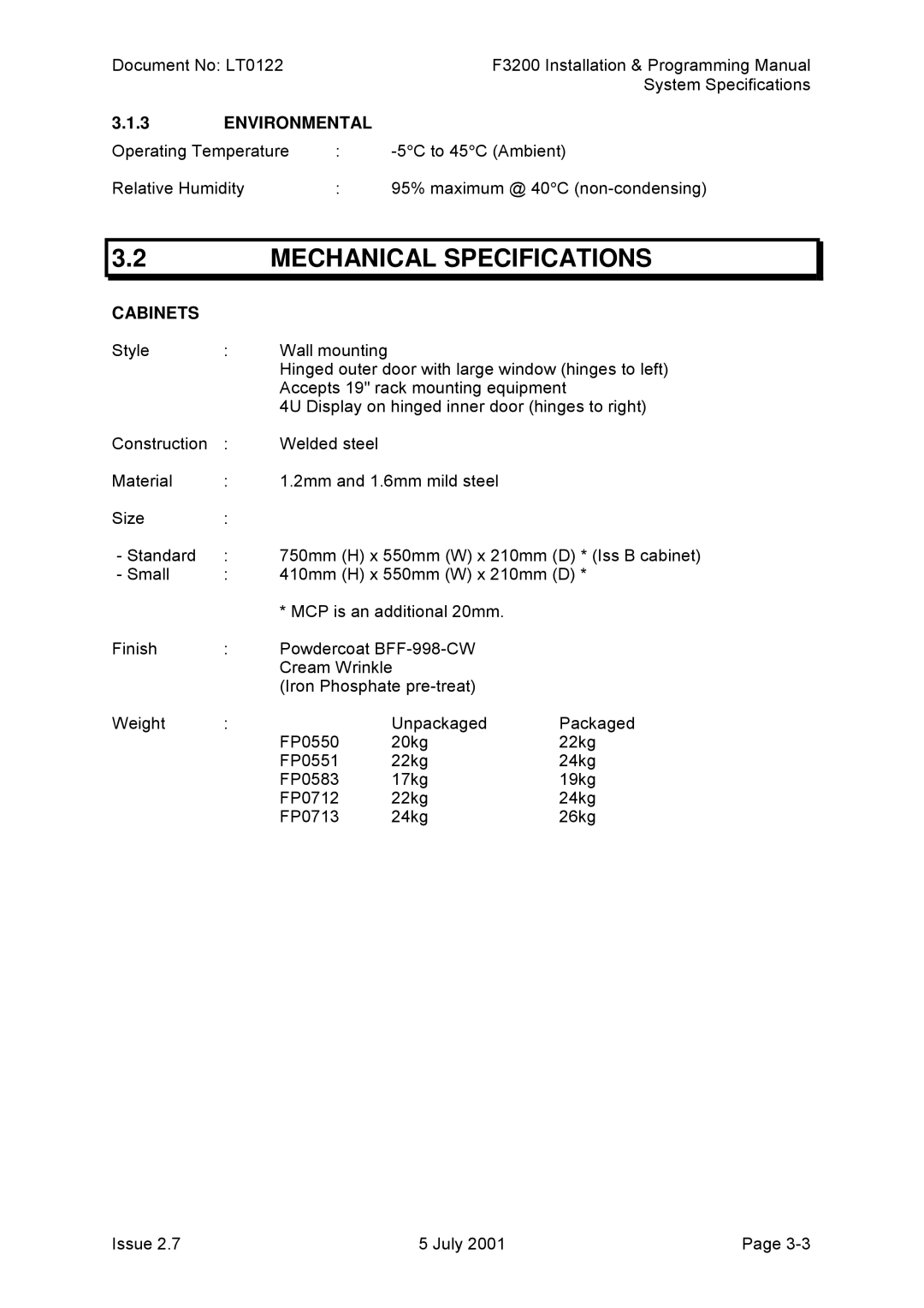 Tyco F3200 manual Mechanical Specifications, Environmental, Cabinets 