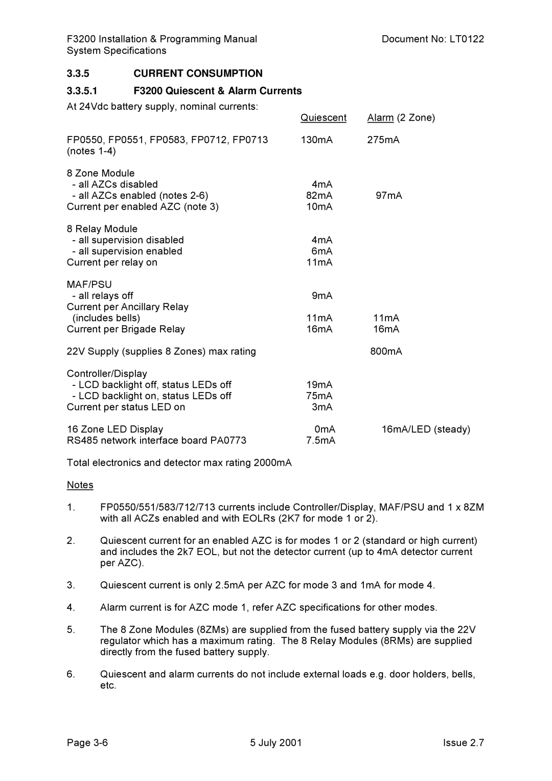 Tyco manual Current Consumption, 5.1 F3200 Quiescent & Alarm Currents 