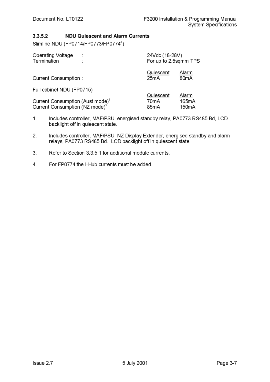 Tyco F3200 manual NDU Quiescent and Alarm Currents 