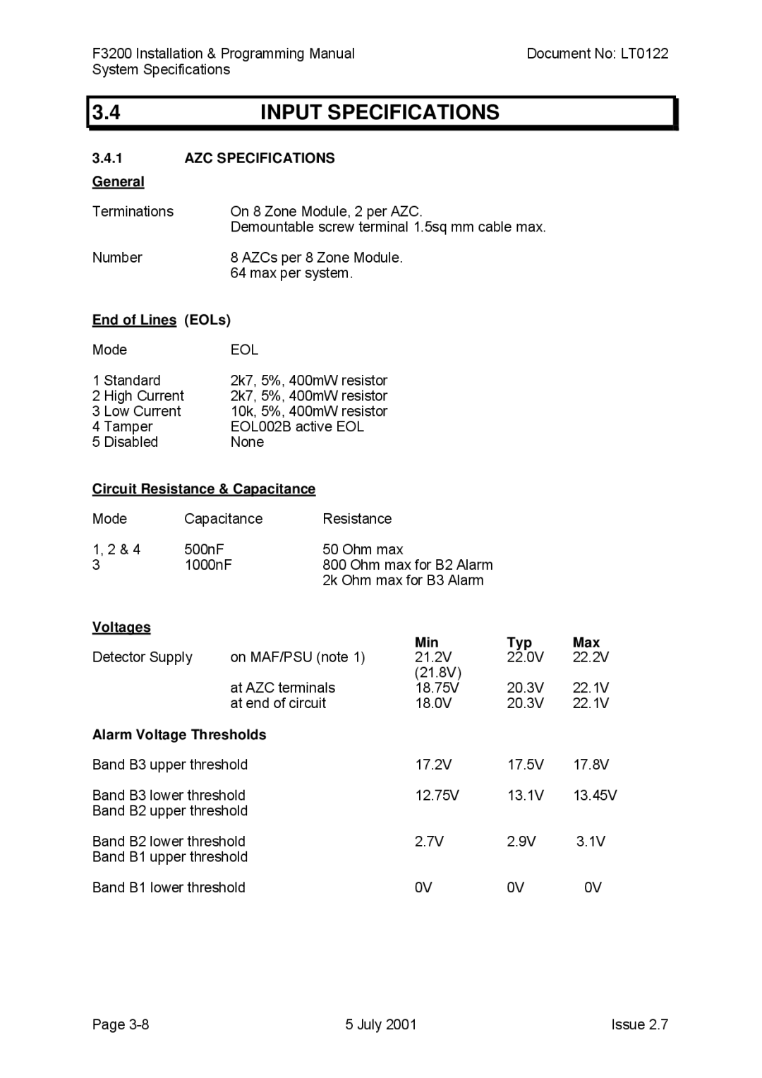 Tyco F3200 manual Input Specifications, AZC Specifications 