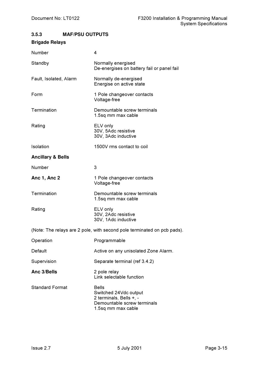 Tyco F3200 manual 3 MAF/PSU Outputs Brigade Relays, Ancillary & Bells, Anc 1, Anc, Anc 3/Bells 