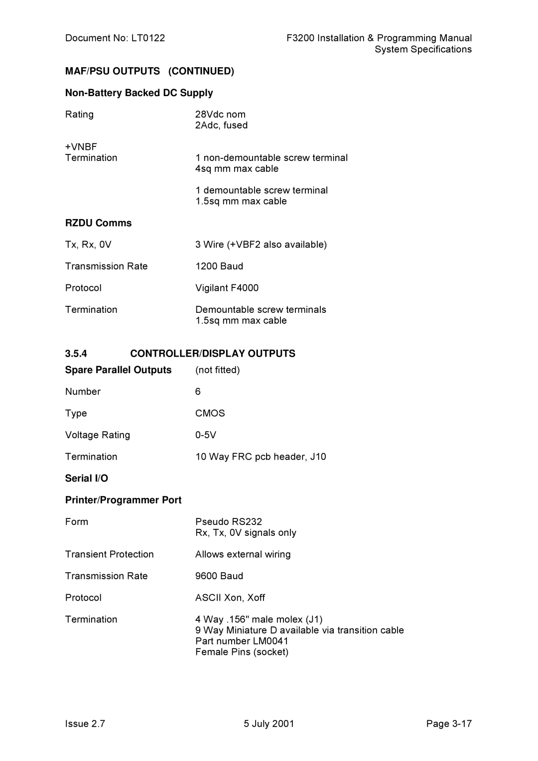 Tyco F3200 manual Non-Battery Backed DC Supply, Rzdu Comms, CONTROLLER/DISPLAY Outputs, Spare Parallel Outputs 