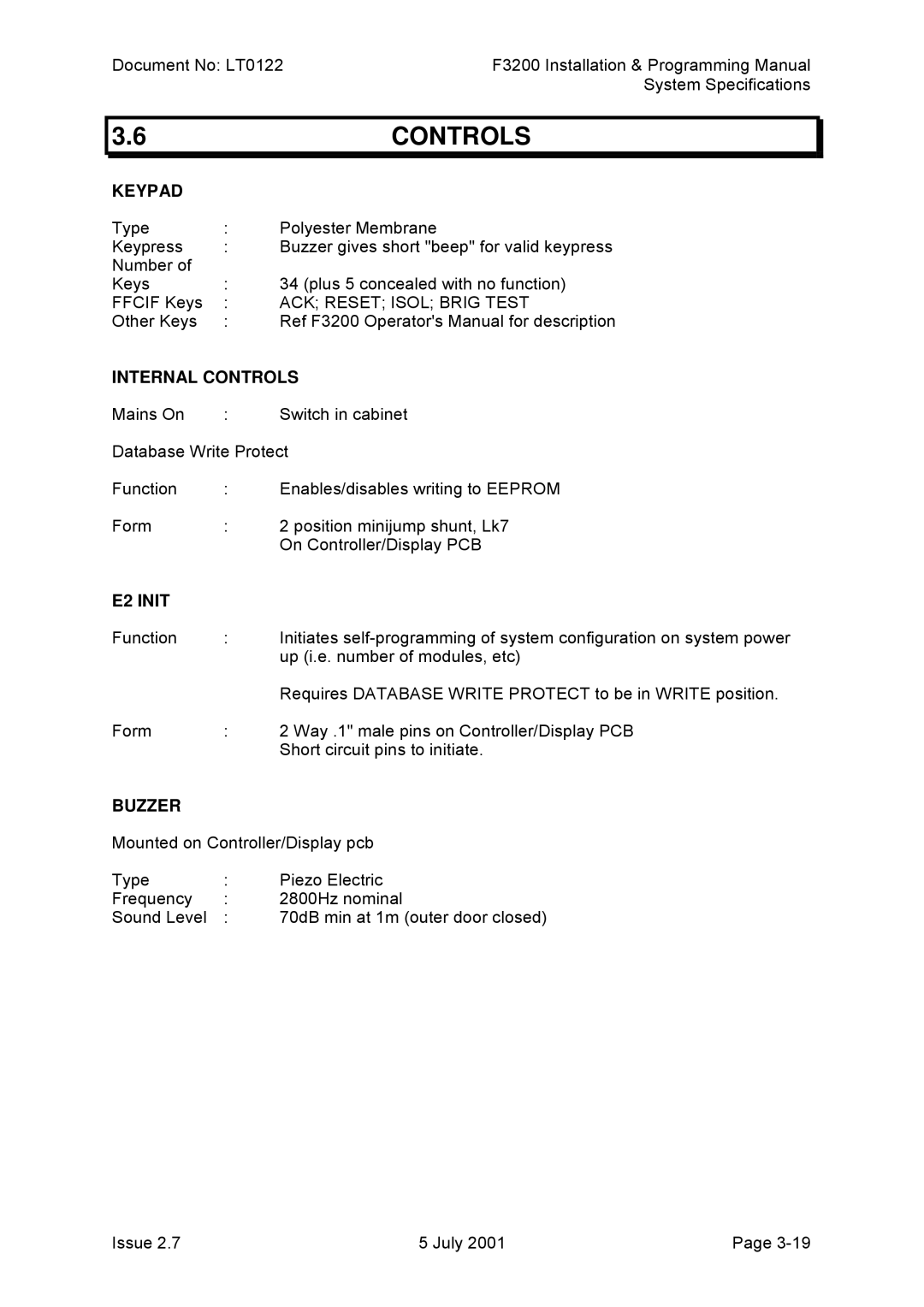 Tyco F3200 manual Keypad, Internal Controls, E2 Init, Buzzer 