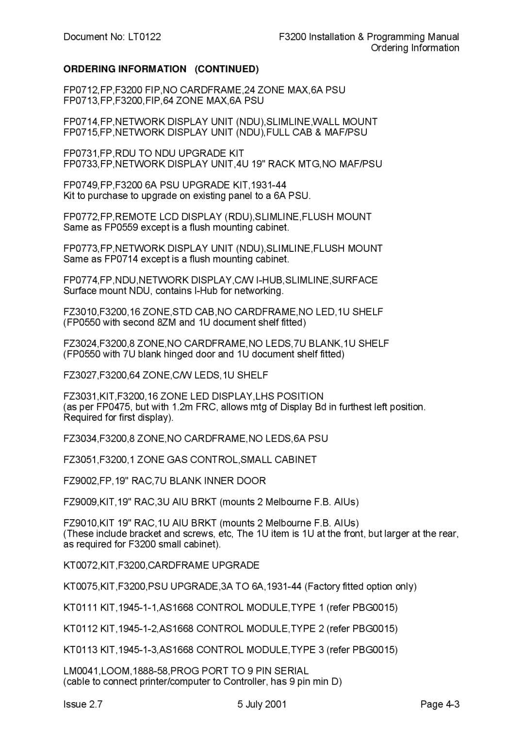 Tyco Ordering Information, FP0712,FP,F3200 FIP,NO CARDFRAME,24 Zone MAX,6A PSU, KT0072,KIT,F3200,CARDFRAME Upgrade 