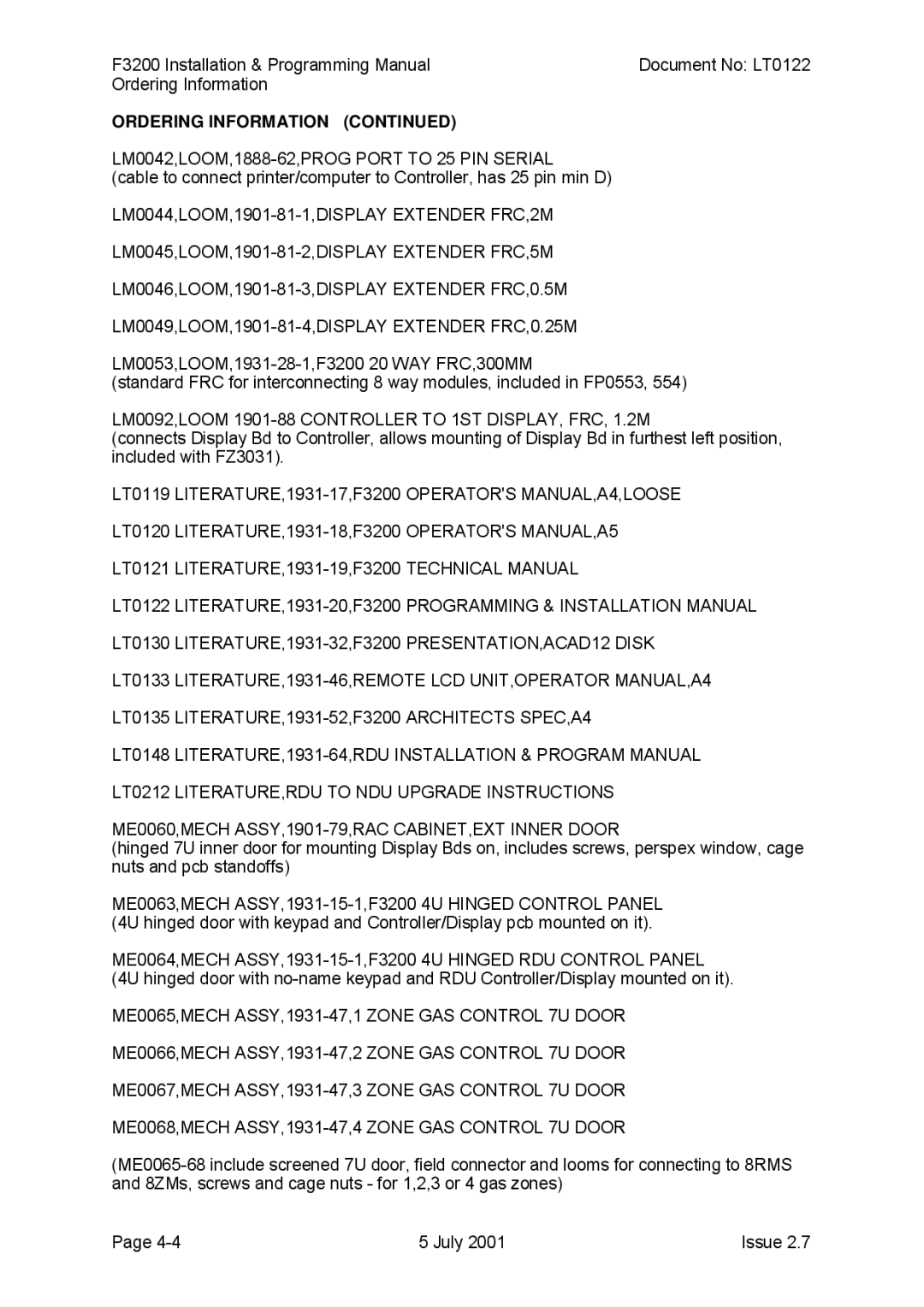 Tyco F3200 manual LM0042,LOOM,1888-62,PROG Port to 25 PIN Serial, LM0092,LOOM 1901-88 Controller to 1ST DISPLAY, FRC, 1.2M 