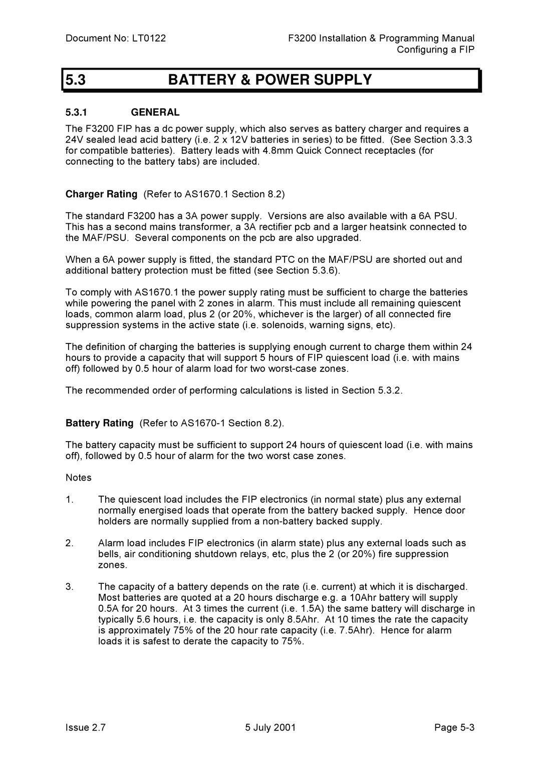 Tyco F3200 manual Battery & Power Supply, General 