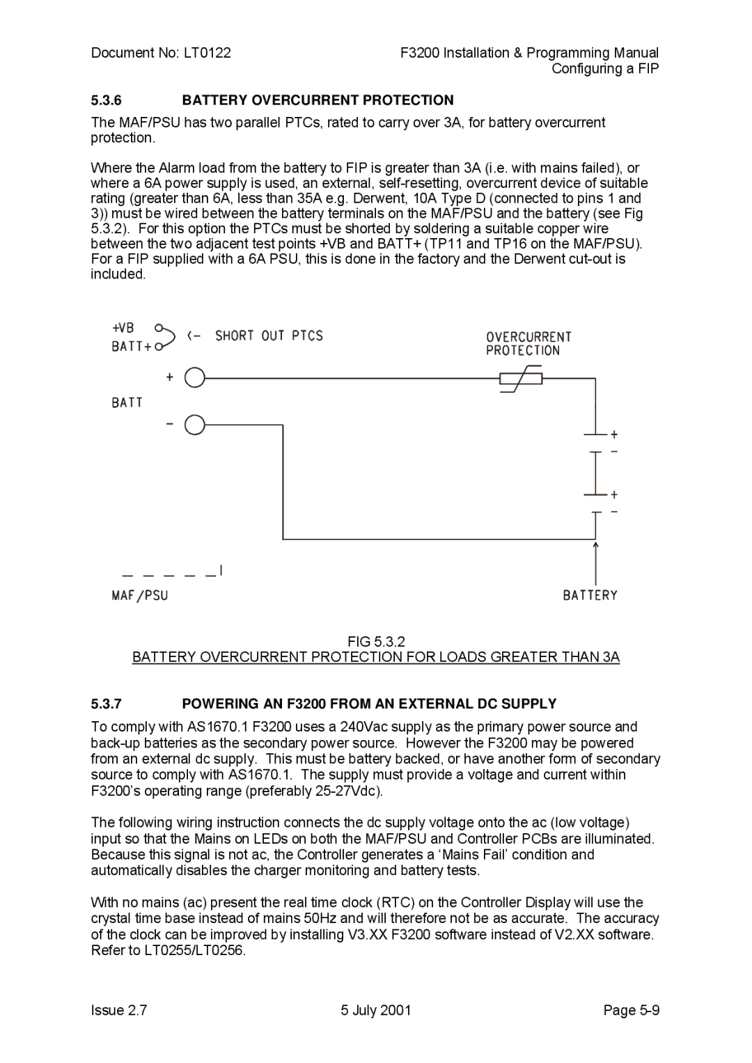 Tyco manual Battery Overcurrent Protection for Loads Greater than 3A, Powering AN F3200 from AN External DC Supply 