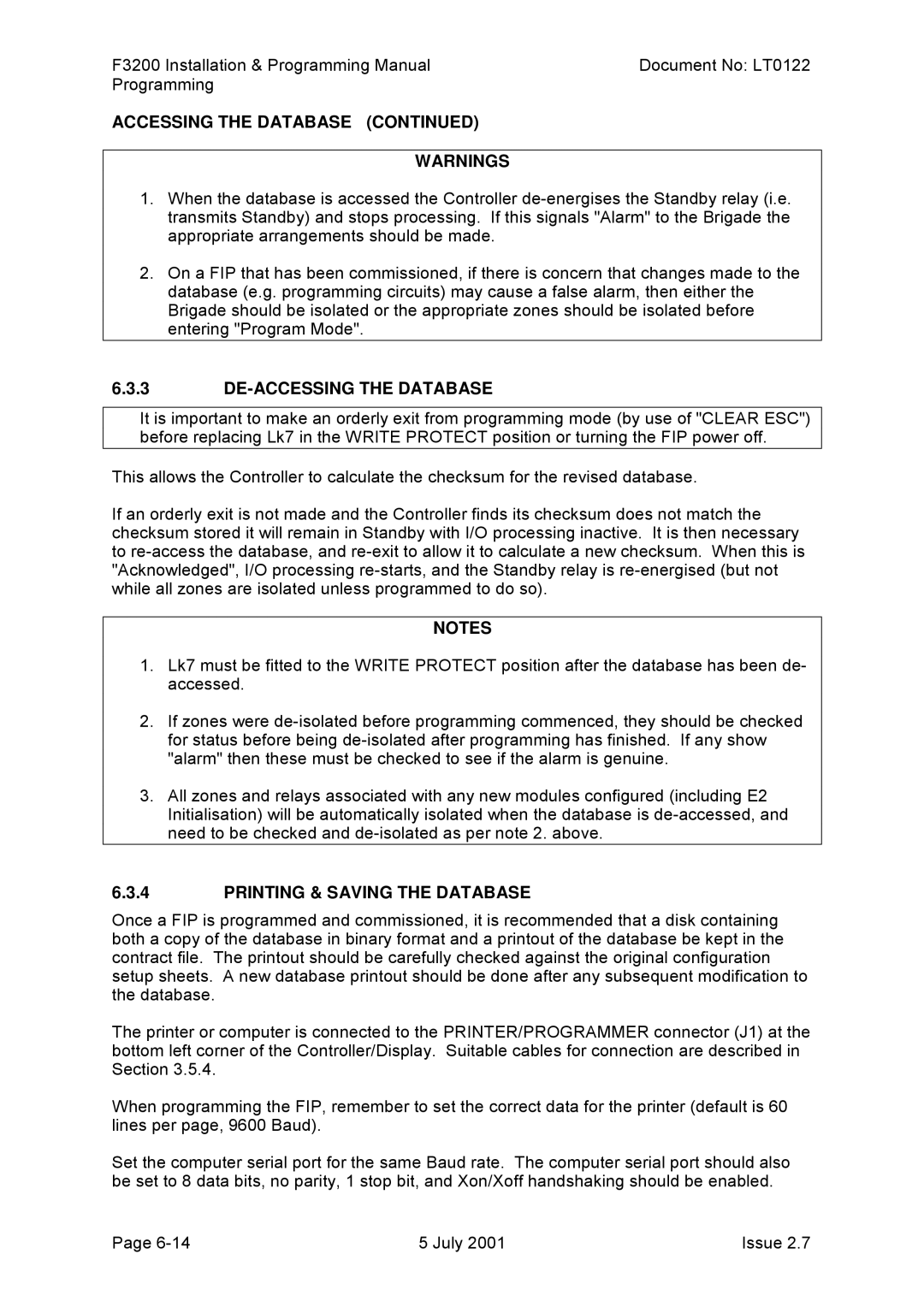 Tyco F3200 manual DE-ACCESSING the Database, Printing & Saving the Database 