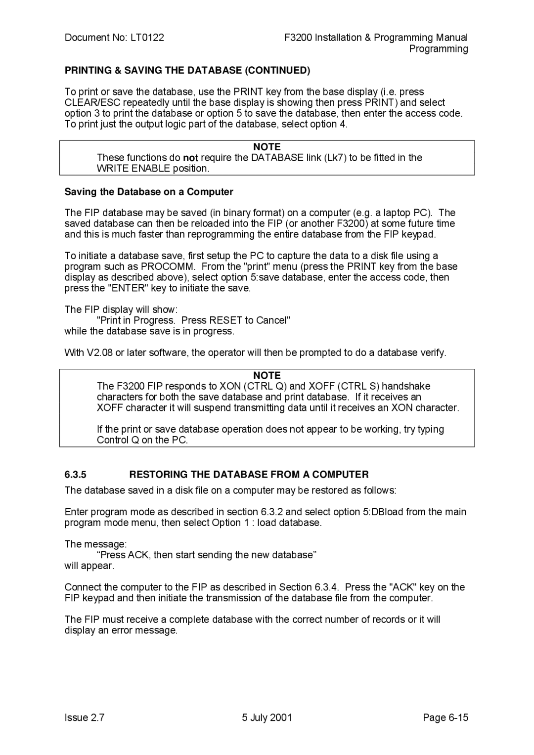 Tyco F3200 manual Saving the Database on a Computer, Restoring the Database from a Computer 