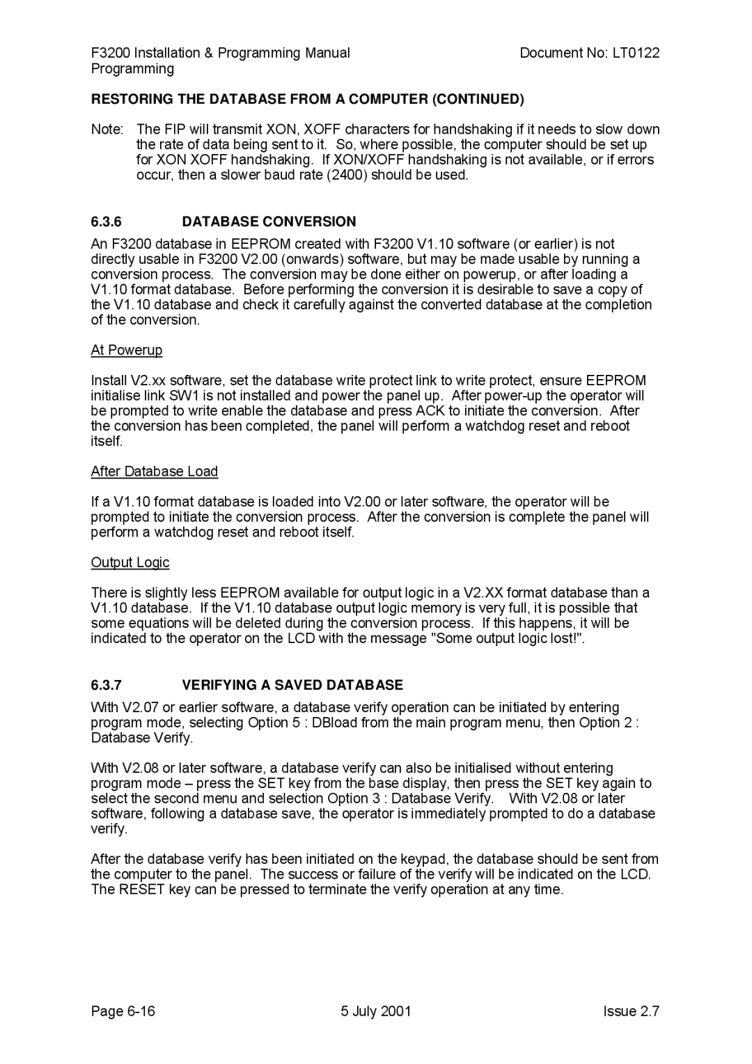 Tyco F3200 manual Restoring the Database from a Computer Database Conversion, Verifying a Saved Database 