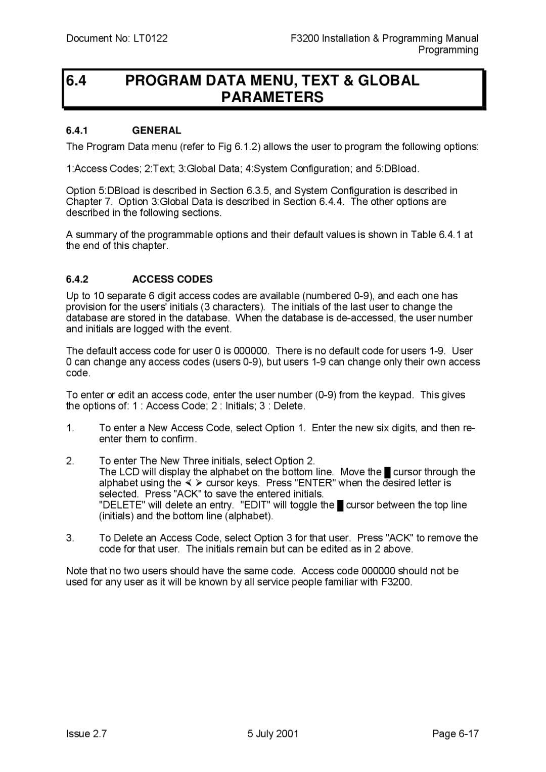 Tyco F3200 manual Program Data MENU, Text & Global Parameters, Access Codes 