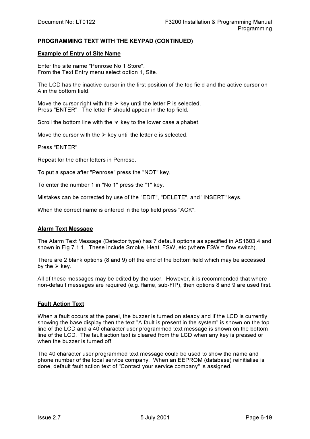 Tyco F3200 manual Example of Entry of Site Name, Alarm Text Message, Fault Action Text 