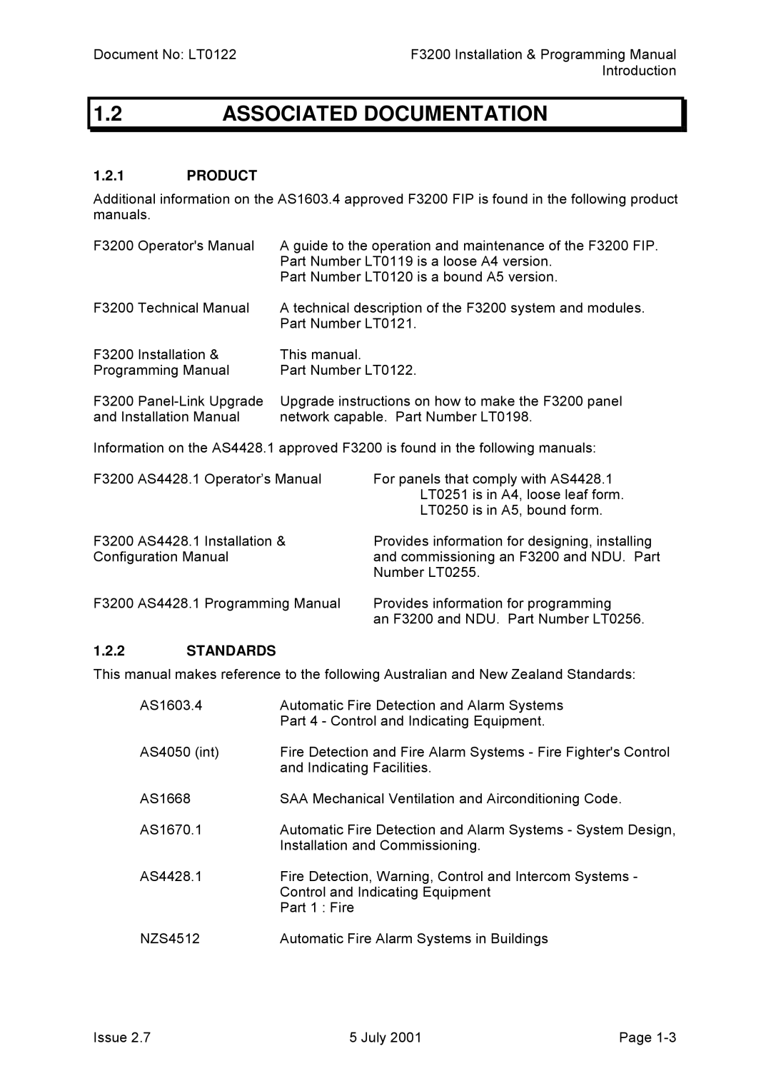 Tyco F3200 manual Associated Documentation, Product, Standards 