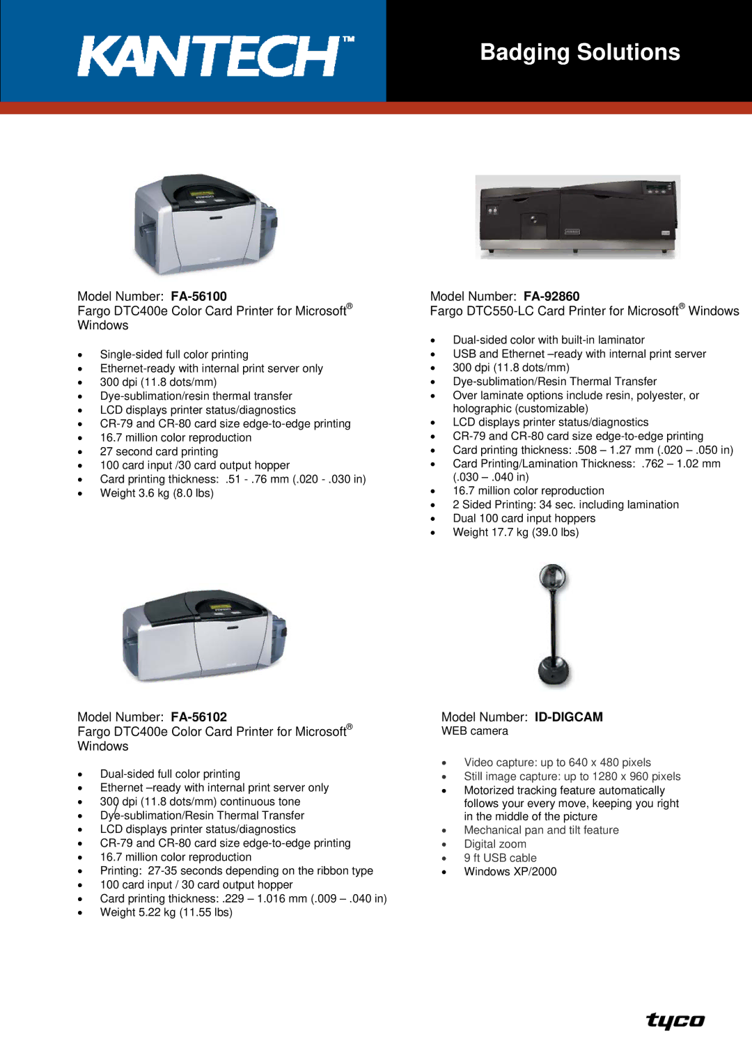 Tyco FA-56102, FA-56100, FA-92860 manual Badging Solutions, Model Number ID-DIGCAM 