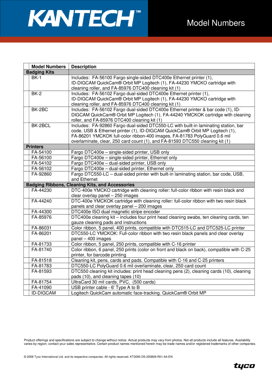 Tyco FA-92860 manual Model Numbers Description Badging Kits, Printers, Badging Ribbons Cleaning Kits, and Accessories 