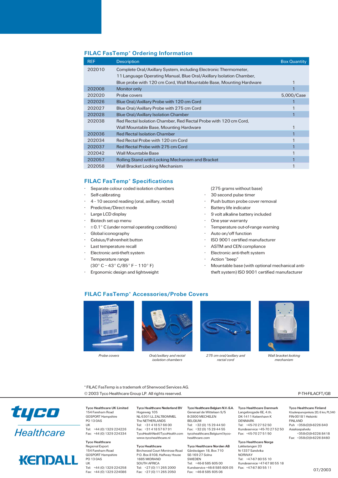 Tyco FILAC Filac FasTemp* Ordering Information, Filac FasTemp* Specifications, Filac FasTemp* Accessories/Probe Covers 