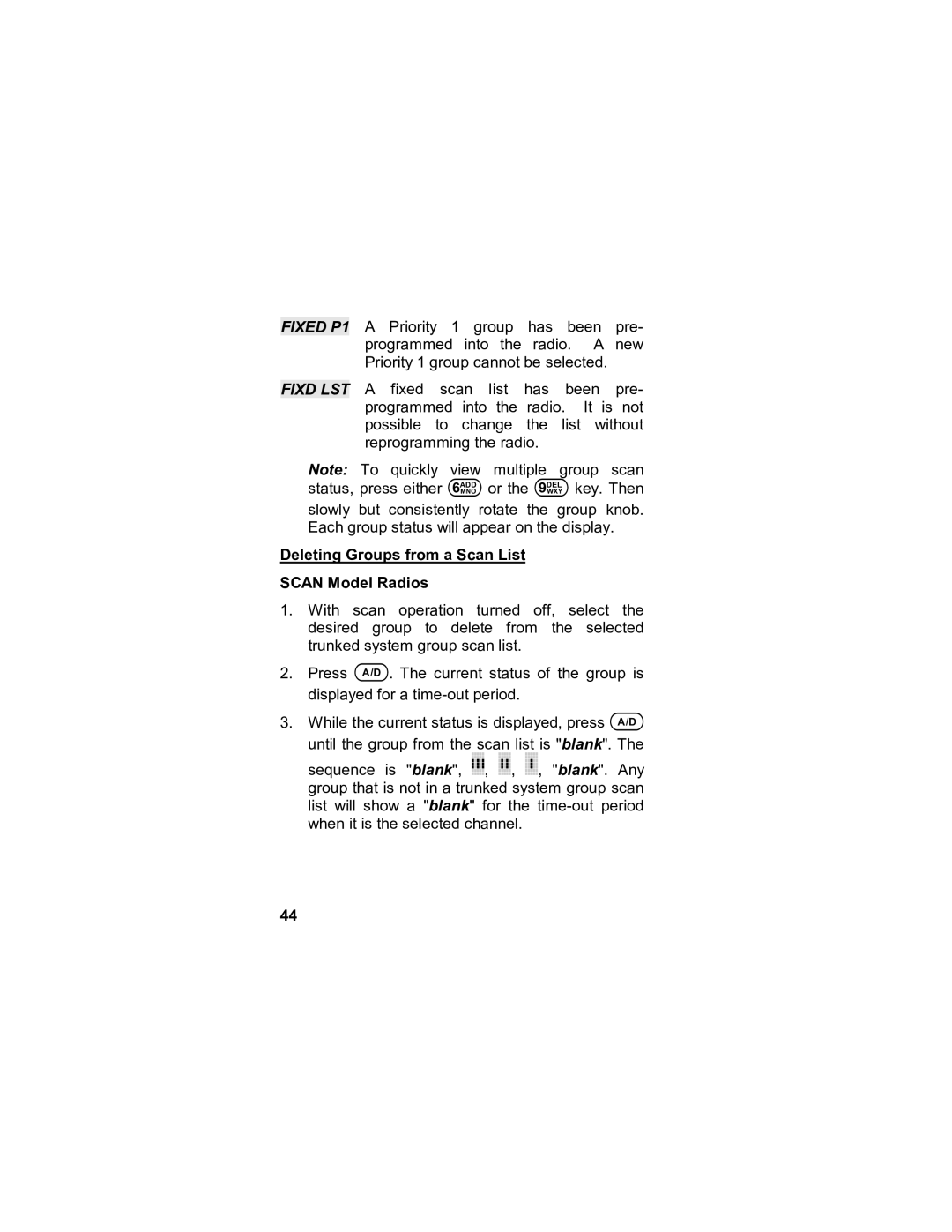 Tyco LPE-200 manual Deleting Groups from a Scan List Scan Model Radios 