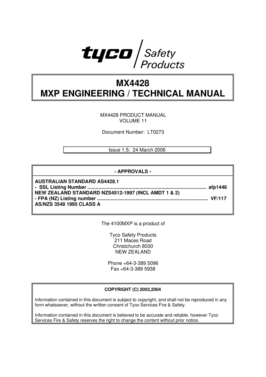 Tyco MX4428 technical manual Document Number LT0273 Issue 1.5 24 March, SSL Listing Number Afp1446, NEW Zealand 