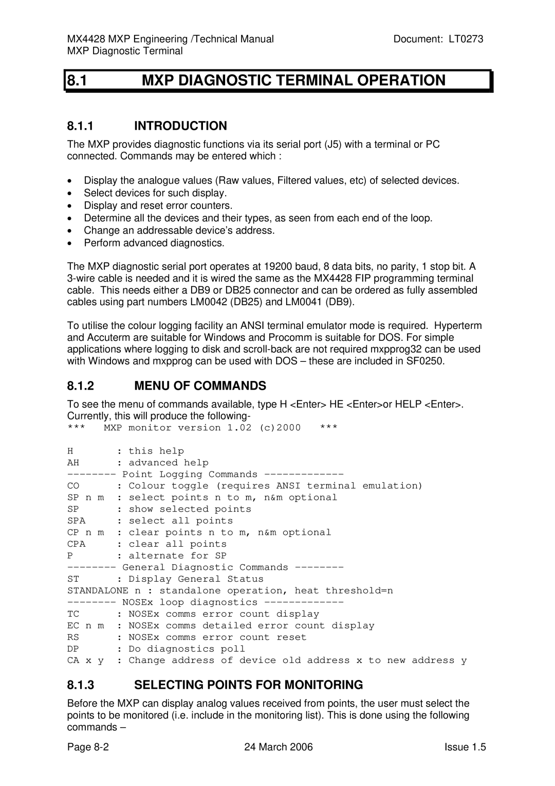 Tyco MX4428 MXP Diagnostic Terminal Operation, Introduction, Menu of Commands, Selecting Points for Monitoring 