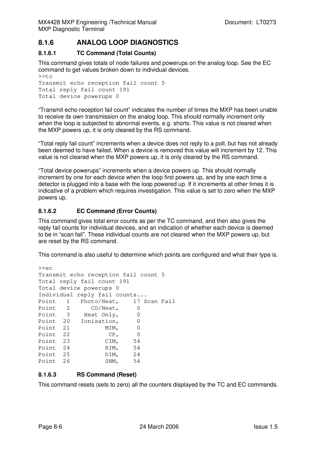 Tyco MX4428 technical manual Analog Loop Diagnostics, TC Command Total Counts, EC Command Error Counts, RS Command Reset 