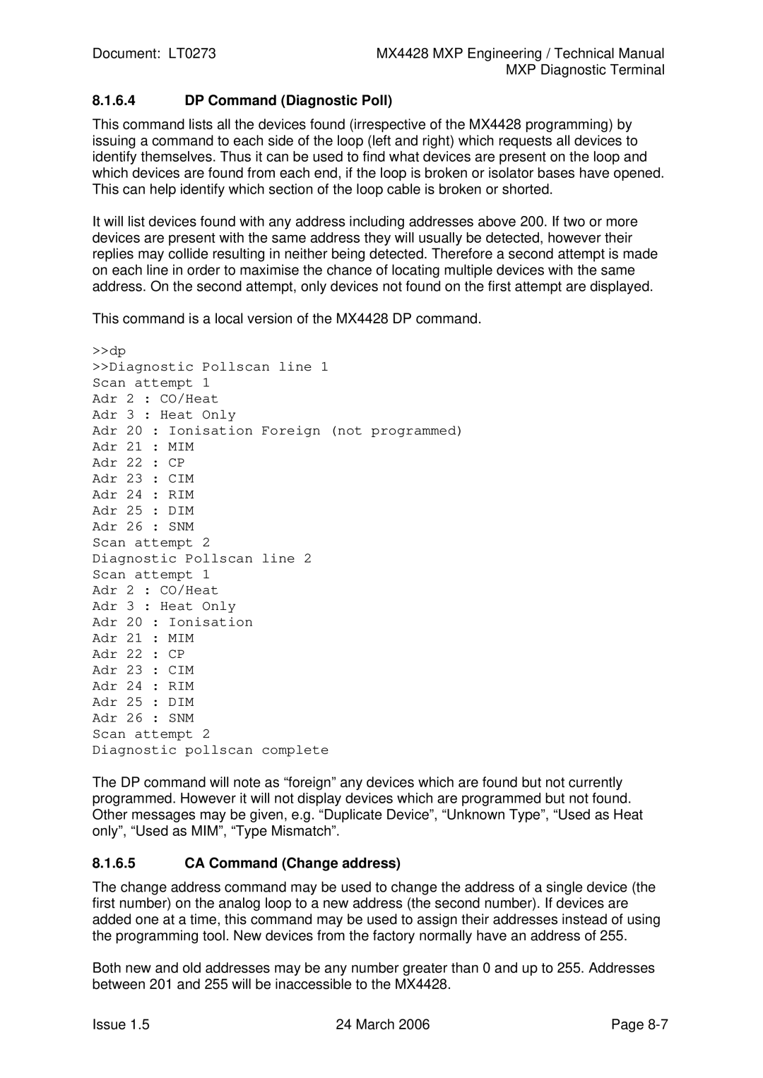 Tyco MX4428 technical manual DP Command Diagnostic Poll, CA Command Change address 