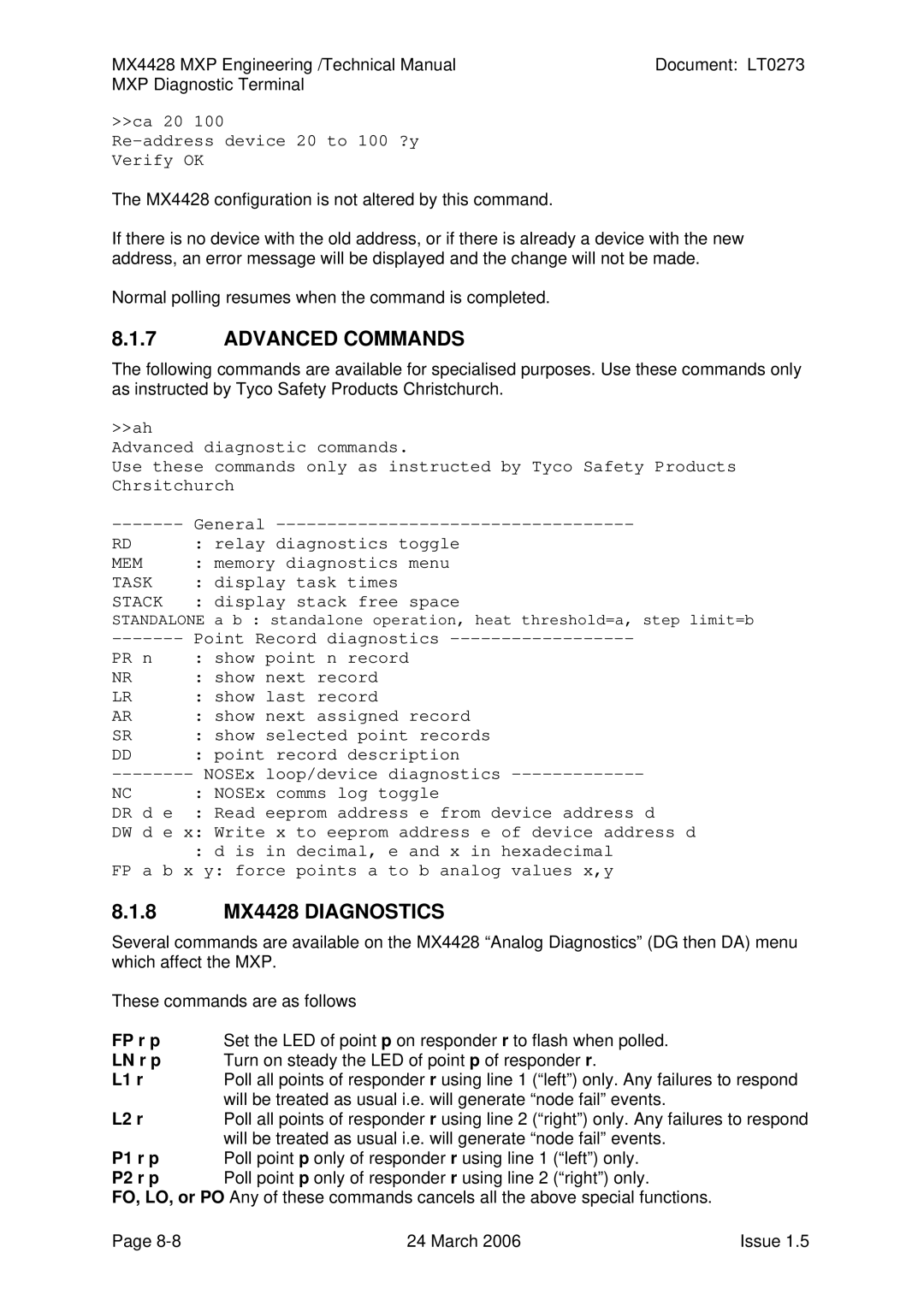 Tyco technical manual Advanced Commands, 8 MX4428 Diagnostics 