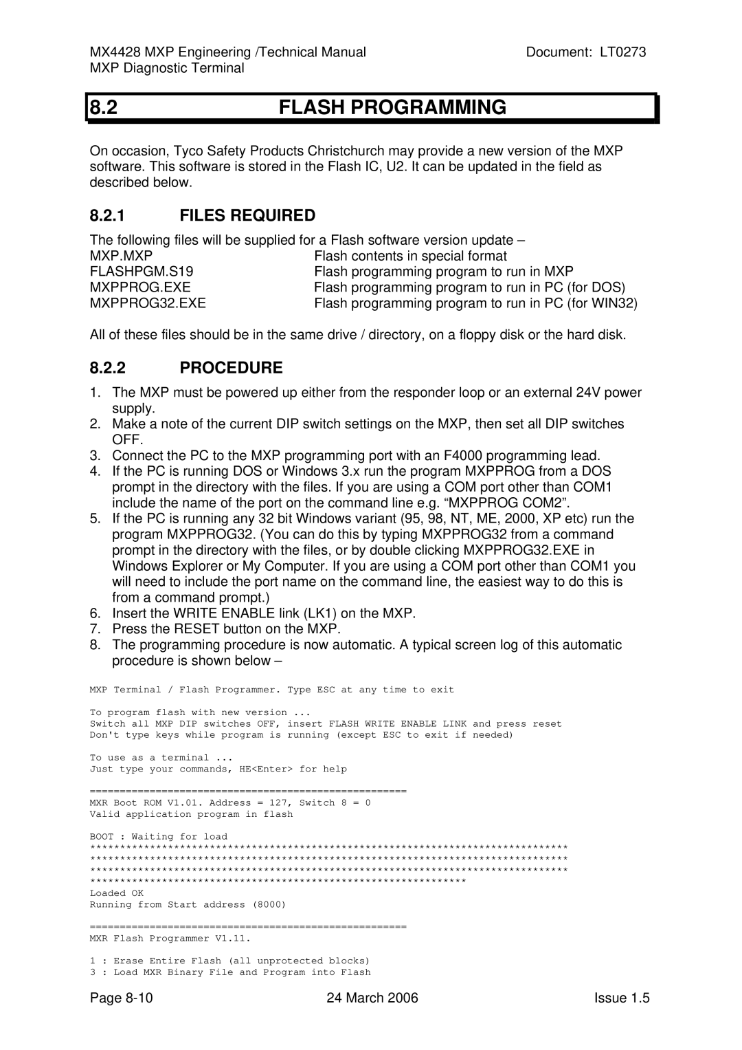 Tyco MX4428 technical manual Flash Programming, Files Required, Procedure 