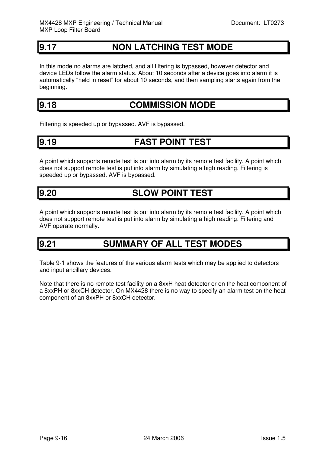 Tyco MX4428 NON Latching Test Mode, Commission Mode, Fast Point Test, Slow Point Test, Summary of ALL Test Modes 