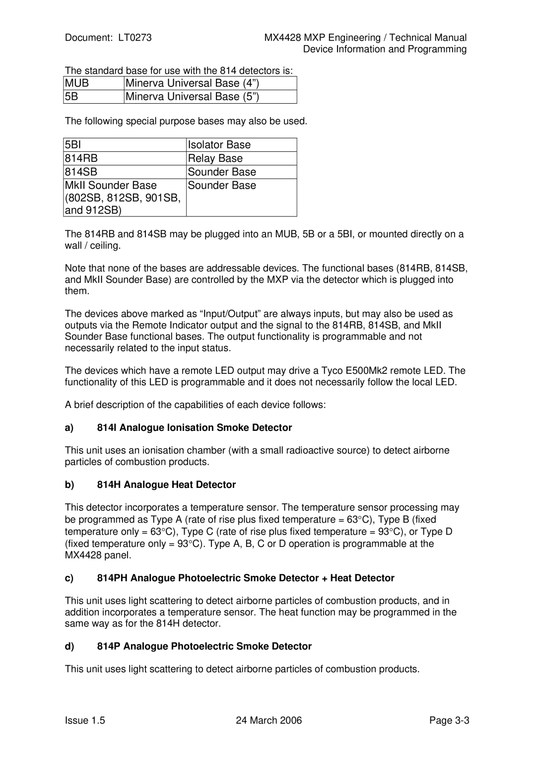 Tyco MX4428 technical manual 814I Analogue Ionisation Smoke Detector, 814H Analogue Heat Detector 