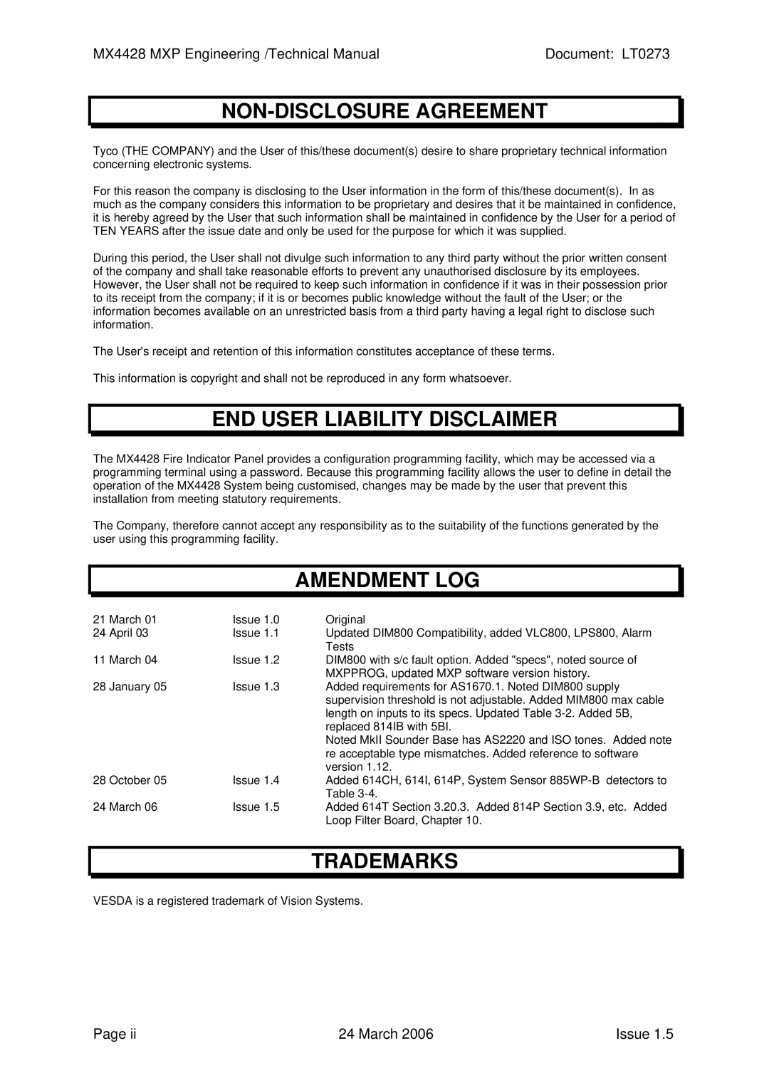 Tyco MX4428 technical manual NON-DISCLOSURE Agreement, END User Liability Disclaimer, Amendment LOG, Trademarks 