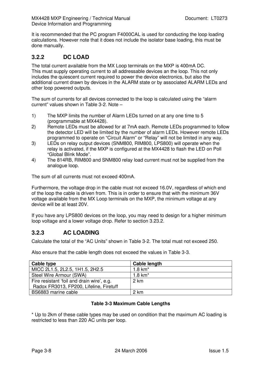 Tyco MX4428 technical manual AC Loading, Cable type Cable length, Maximum Cable Lengths 