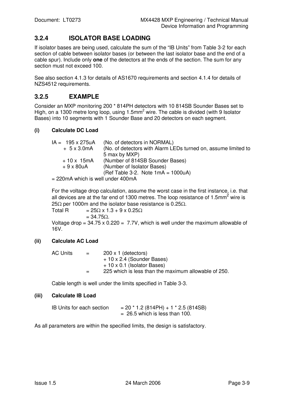 Tyco MX4428 technical manual Isolator Base Loading, Example, Calculate DC Load, Ii Calculate AC Load, Iii Calculate IB Load 