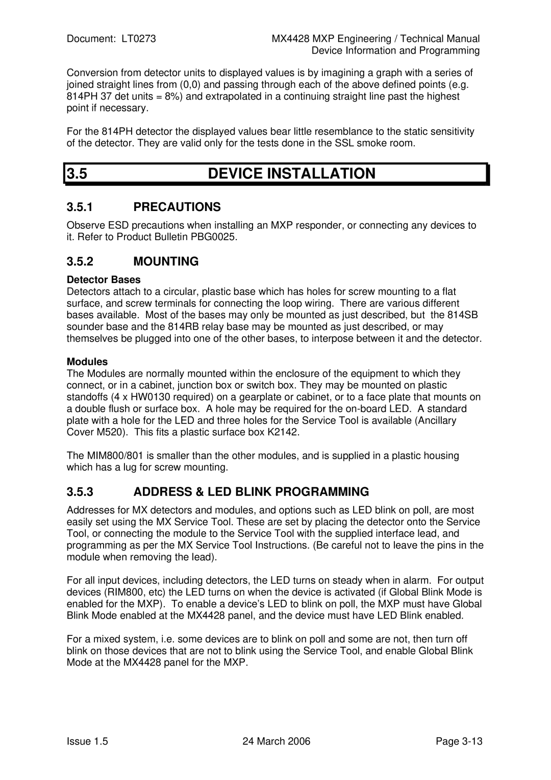 Tyco MX4428 technical manual Device Installation, Precautions, Mounting, Address & LED Blink Programming 