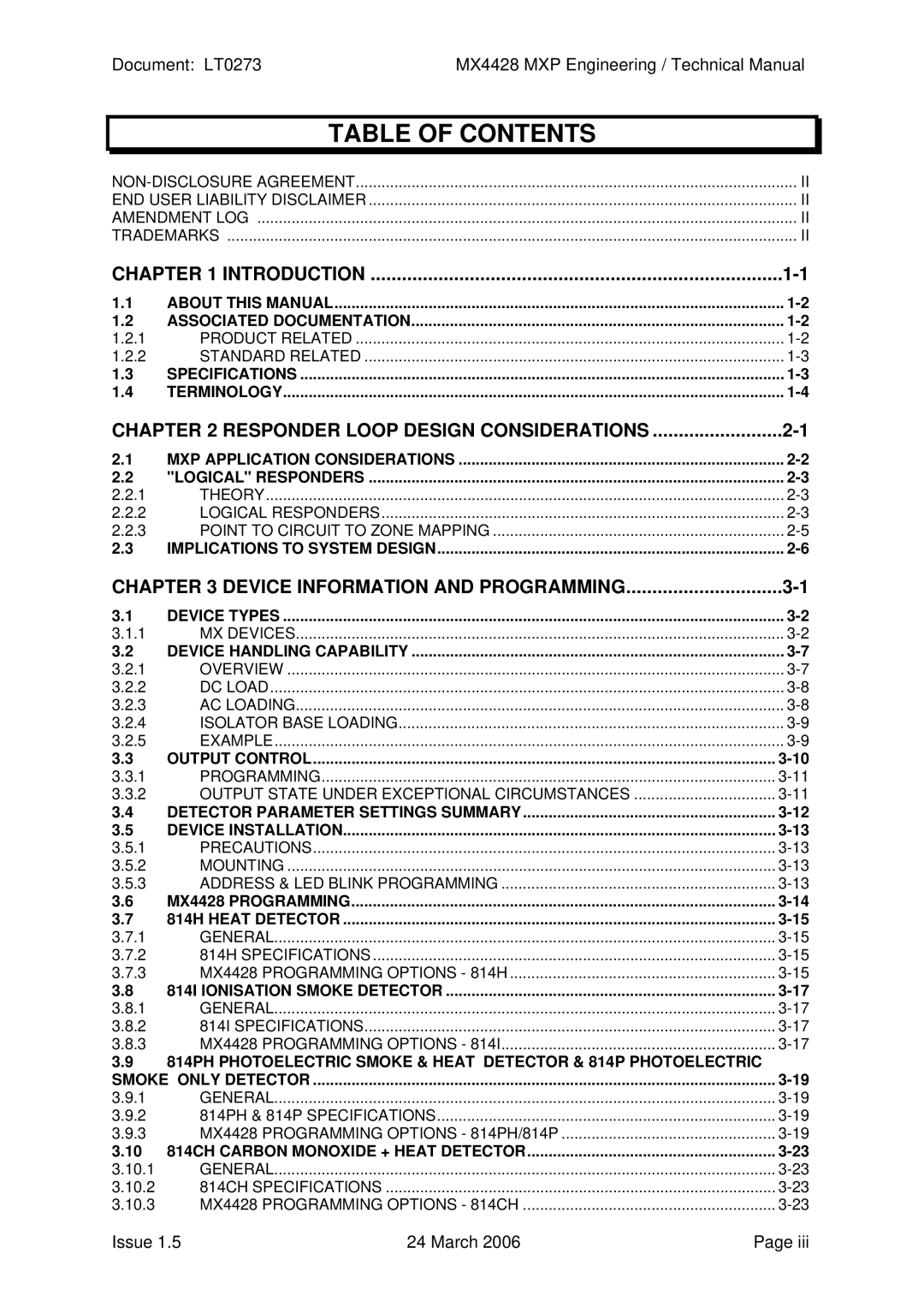 Tyco MX4428 technical manual Table of Contents 