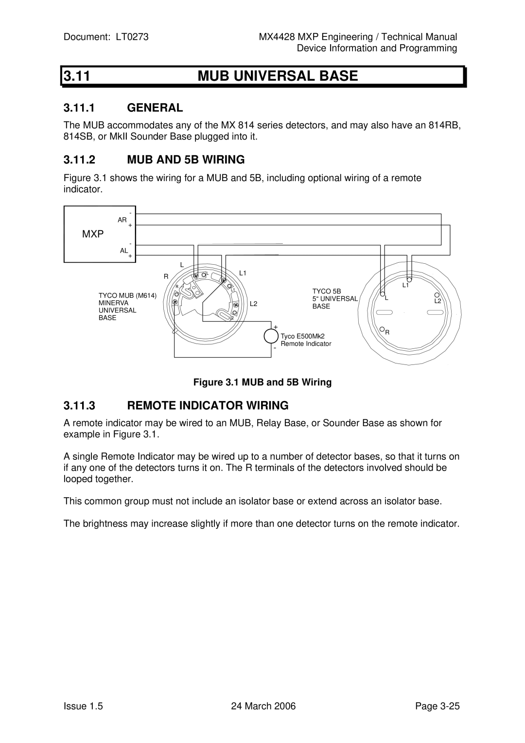 Tyco MX4428 technical manual MUB Universal Base, MUB and 5B Wiring, Remote Indicator Wiring 