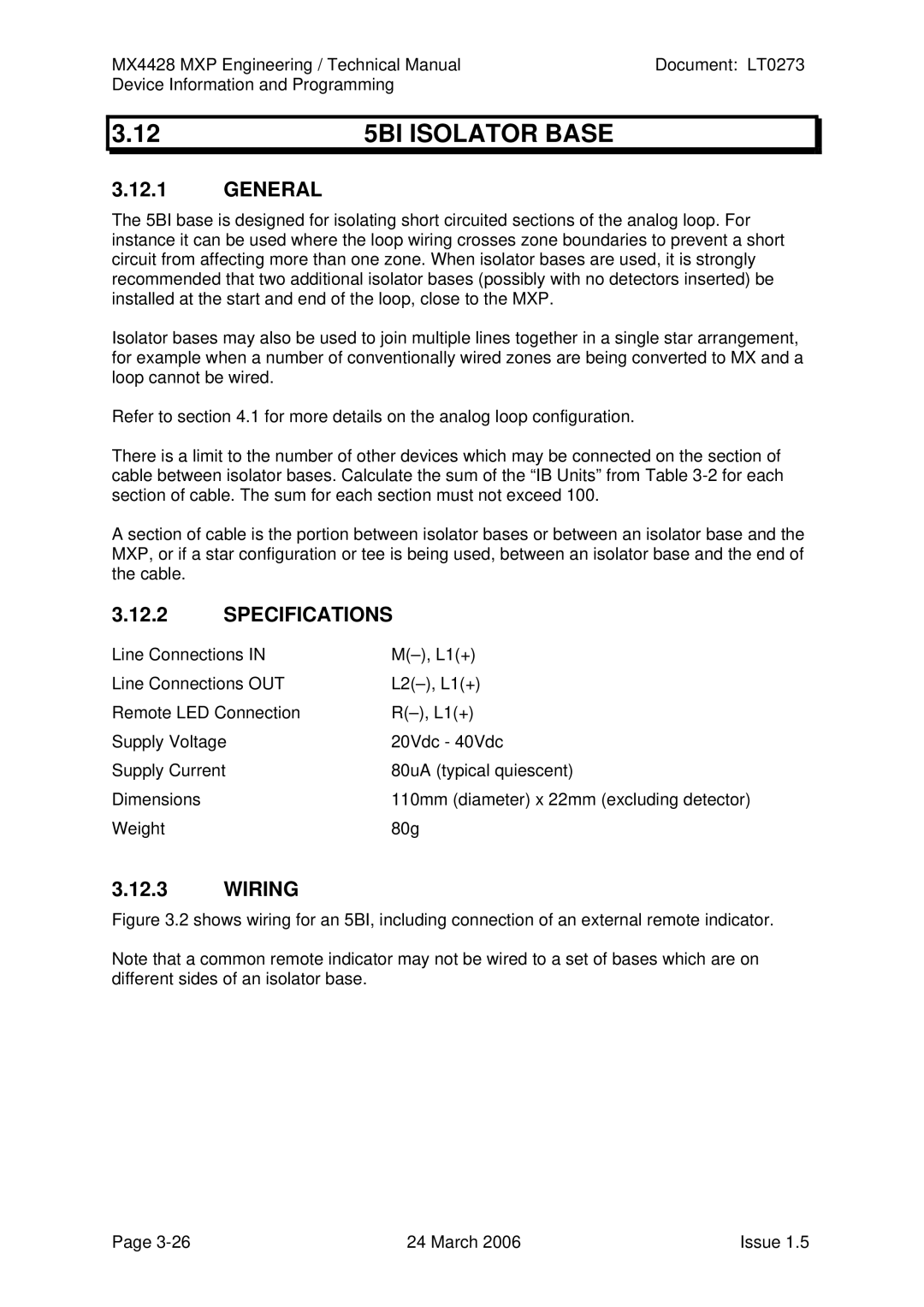 Tyco MX4428 technical manual 5BI Isolator Base, Specifications 